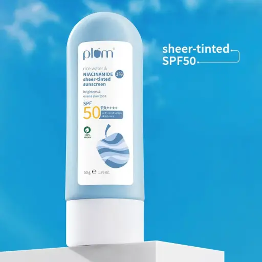 Plum Goodness 3% Rice Water & Niacinamide Sheer - Tinted Sunscreen SPF50